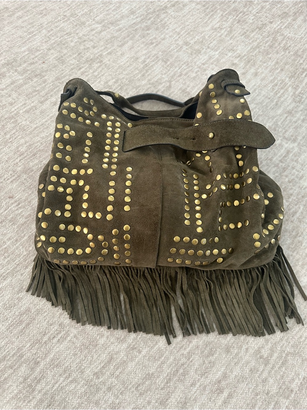 Sam Edelman Olive Suede Fringe Shoulder Bag with Gold Studs